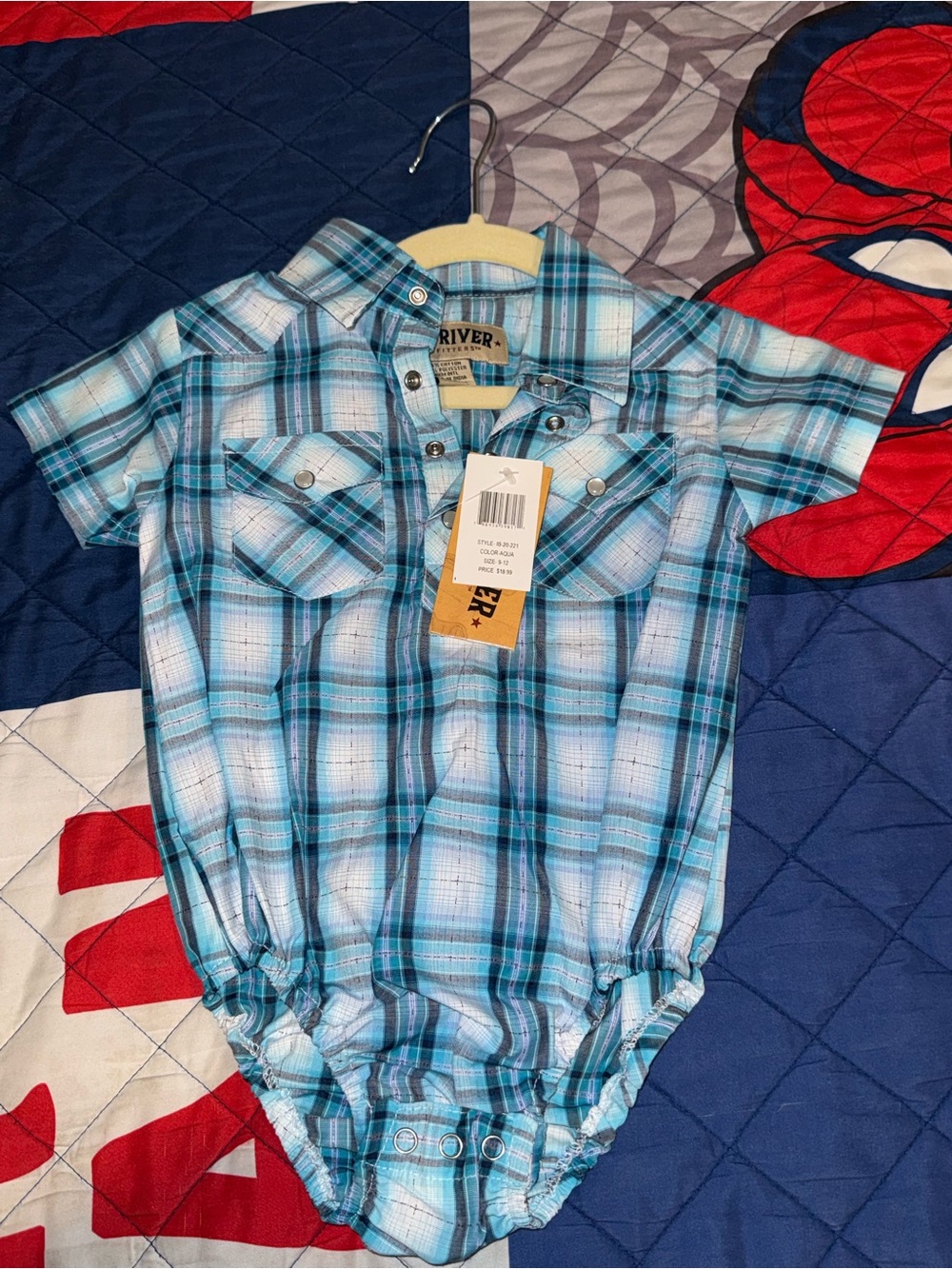 River Island Blue Plaid Short-Sleeve Button-Front Bodysuit